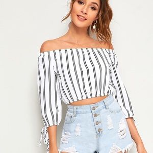 Striped Off Shoulder Knot Cuffed Blouse